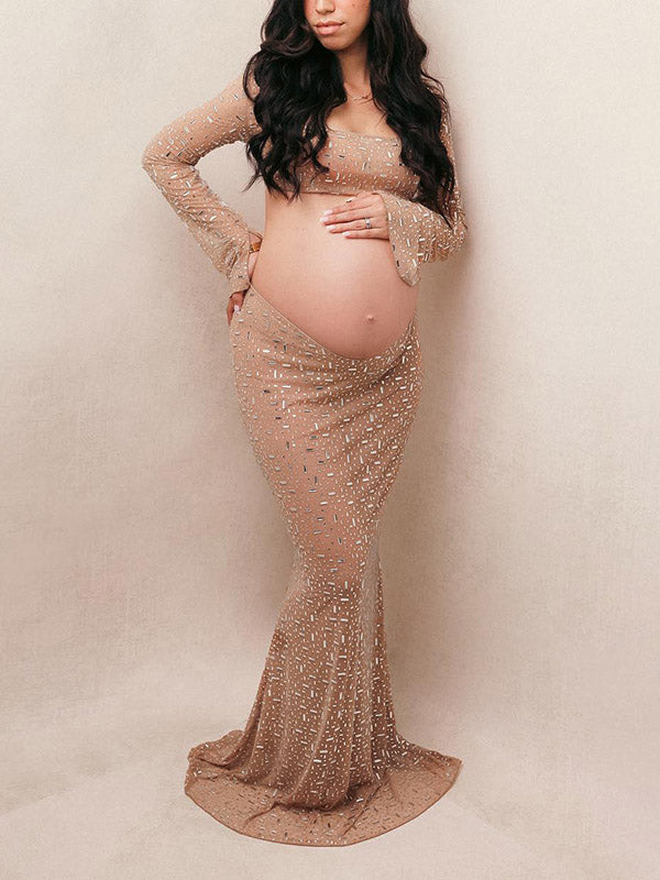 Momyknows Chic Nude Color Rhinestones Sparkly Open Belly Mermaid Bodycon 2-in-1 Maternity Photoshoot Maxi Dress