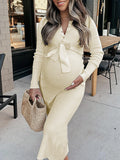 Momyknows Beige Rib Fabric Knitting Belt Bodycon Baby Shower Maternity Midi Dress