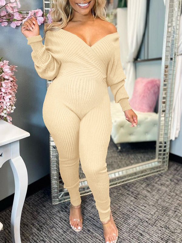 Momyknows Off Shoulder Backless V-Neck Long Sleeve Bodycon Baby Shower Cute Plus Size Maternity Jumpsuit