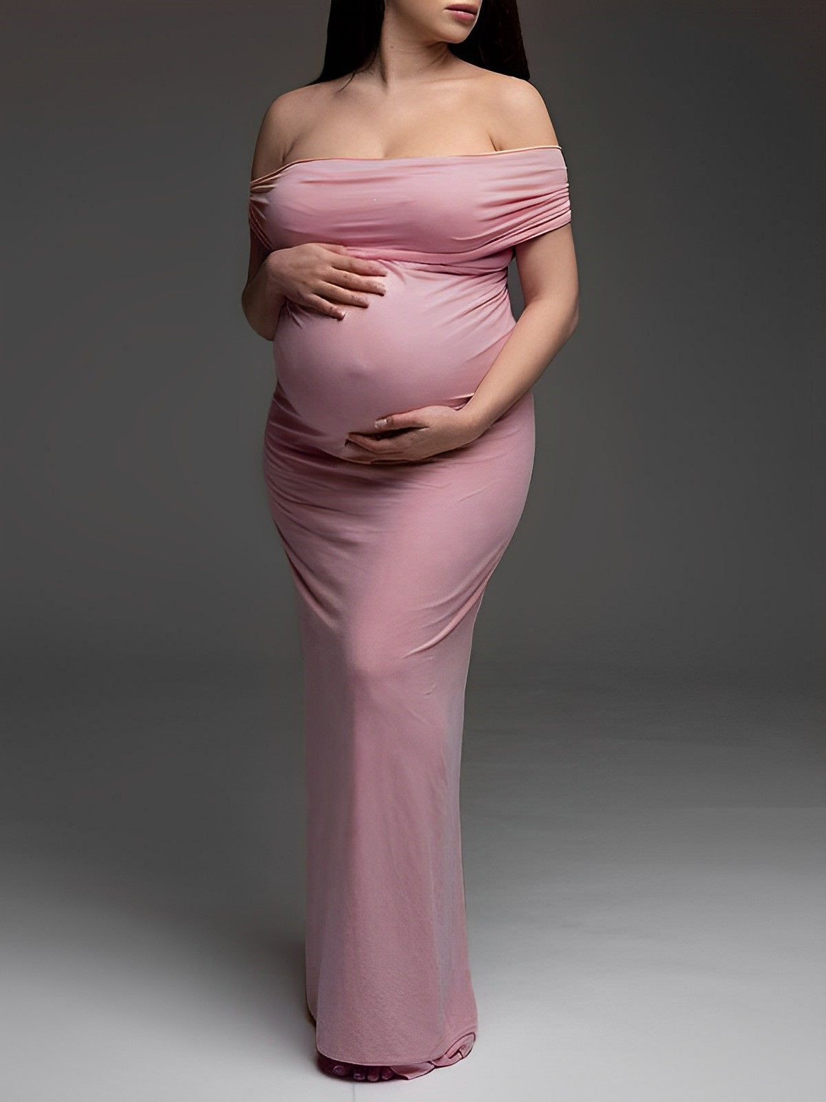 Momyknows Pink Off Shoulder Belly Friendly Ruched Boat Neck Bodycon Photoshoot Maternity Maxi Dress