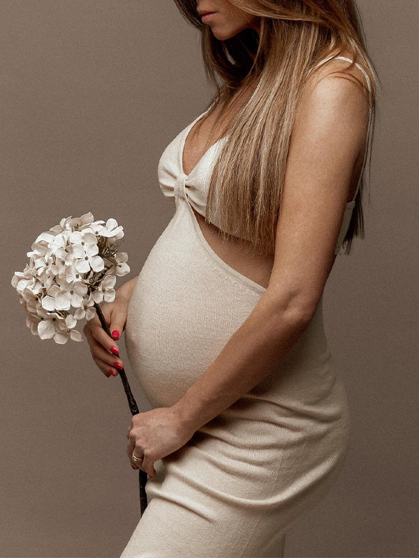 Momyknows Beige Cut Out Spaghetti Strap Bodycon Fashion Photoshoot Maternity Maxi Dress