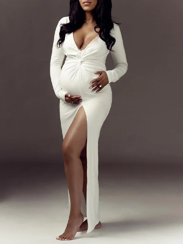 Momyknows Twist Ruched Side Slit V-neck Elegant Banquet Photoshoot Baby Shower Maternity Maxi Dress