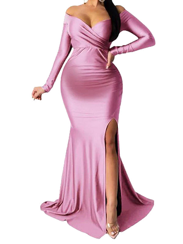 Momyknows Pink Off Shoulder Long Sleeve High Split Bodycon Baby Shower Party Gown Pregnancy Maternity Maxi Dress