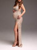 Momyknows Rose Gold Glitter Sparkly Backless Slit Tie Back Photoshoot Party Maternity Maxi Dress