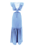 Momyknows Light Blue Cut Out Backless Tie Back Jasmine Ruffle Baby Shower Maternity Dress