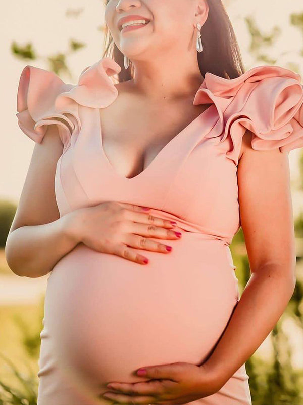 Momyknows Cascading Ruffle V-neck Mermaid Evening Gown Elegant Baby Shower Maternity Photoshoot Maxi Dress