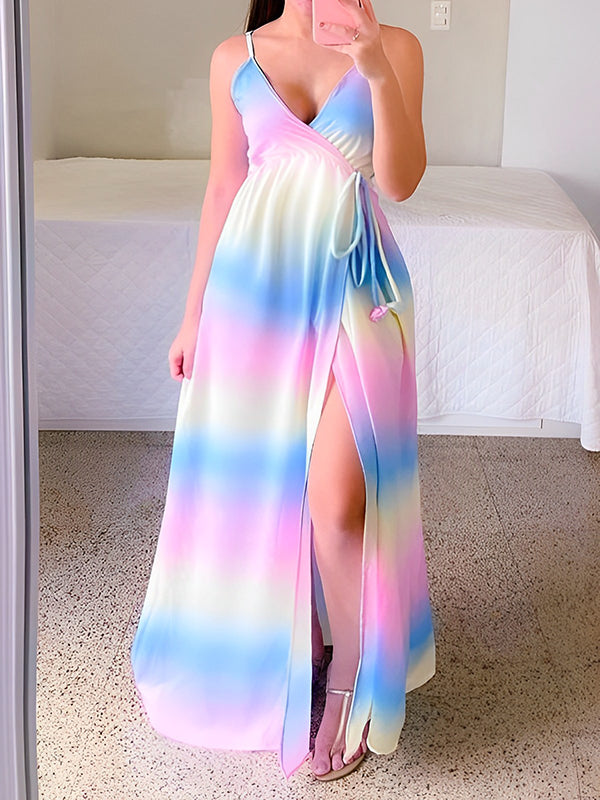 Momyknows Pink-Blue Ombre V-neck Spaghetti Strap Cami Slit Boho Gender Reveal Party Maternity Maxi Dress