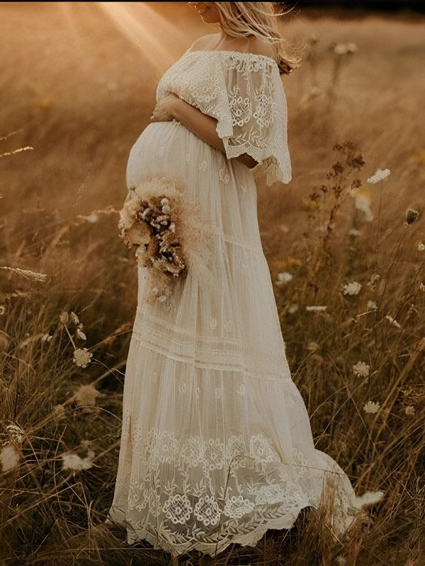 Momyknows White Off Shoulder Lace Tiered Boat Neck Flowy Elegant Maternity Photoshoot Dress