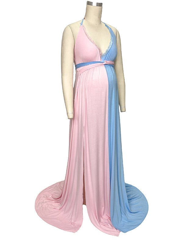 Momyknows Pink&Blue Lace Spaghetti Backless Side Slit Gender Reveal Photo Shoot Baby Shower Dress Cute Maternity Maxi Dress, AS SHOWN / M