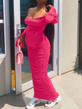 Momyknows Pleated Ruched Off Shoulder Flare Sleeve Babyshower Pregnant Maternity Maxi Dress