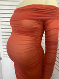 Momyknows Caramel Off Shoulder Grenadine Ruched Elegant Baby Shower Maternity Midi Dress