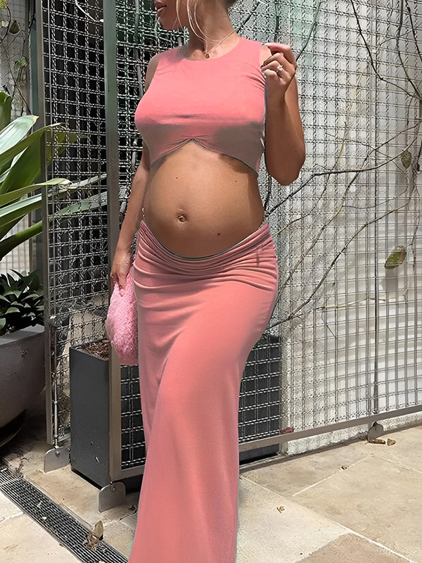 Momyknows Pink Pleated Crop Belly Two Piece Bodycon Girl Baby Shower Beach Maternity Maxi Dress