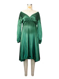 Momyknows Solid Color Pleated V-neck Long Sleeve Elegant Occassion Maternity Banquet Midi Dress