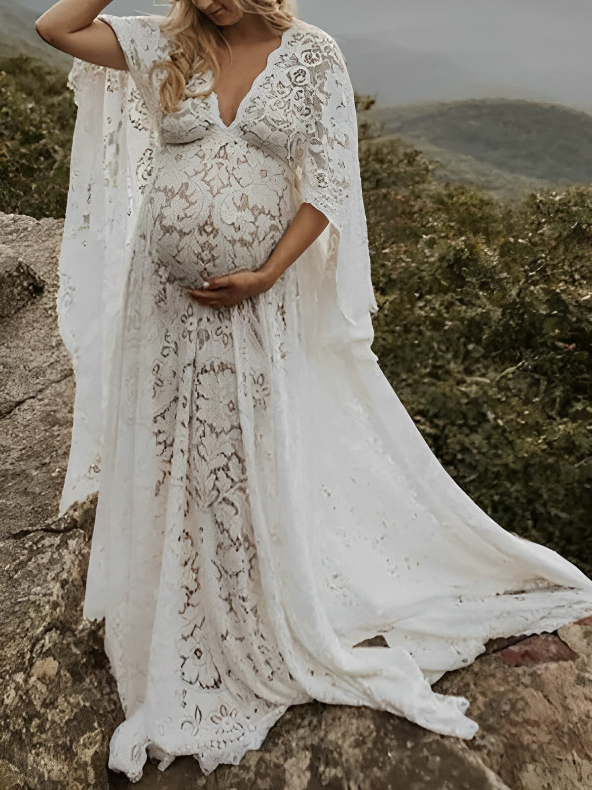 Momyknows Floral Lace Cape Sleeve Backless Pregnant Maternity
