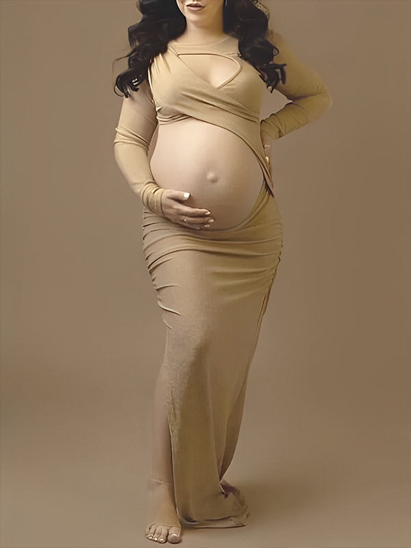 Momyknows Apricot Cut Out Irregular Side Slit Photoshoot Bodycon Clubwear Party Maternity Maxi Dress
