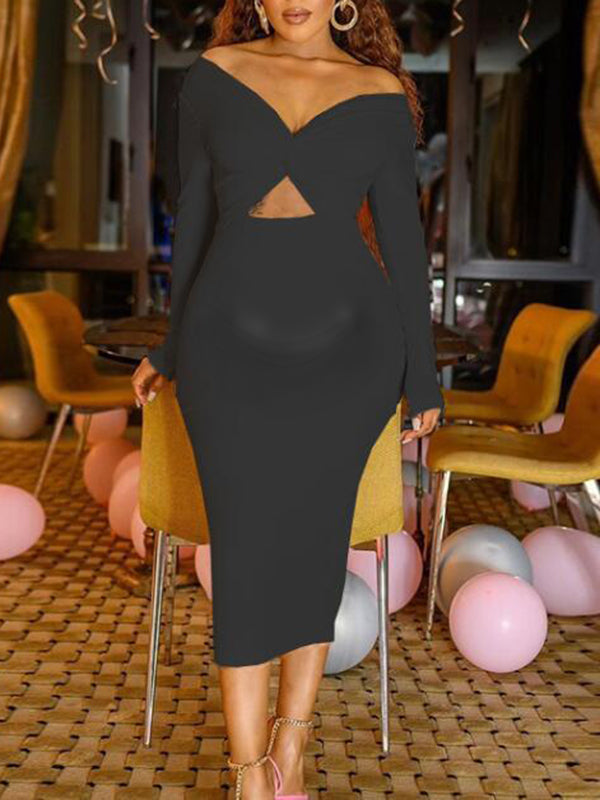 Momyknows Elegant Chic Cutout Crop Bodycon Knot Ruffle Party Babyshower Maternity Midi Dress