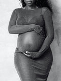 Momyknows Brown Bright Wire Backless Sheer Slit Fashion Photoshoot Maternity Maxi Dress