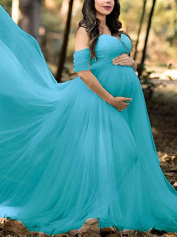 Momyknows Grenadine Tulle Lace Off Shoulder Baby Shower Photoshoot Pregnant Maternity Maxi Dress