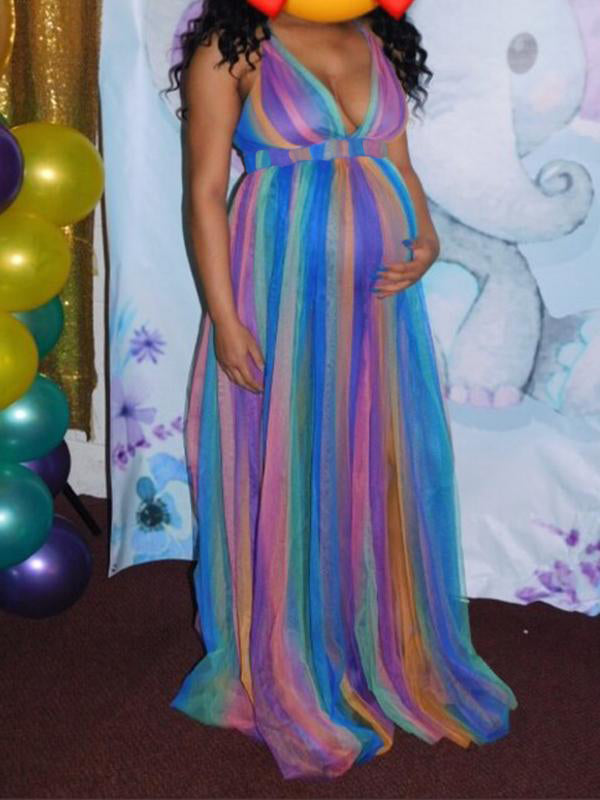 Momyknows Rainbow Plum Colorful Shoulder-Strap Mesh Maternity For BabyShower Maxi Dress