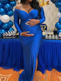Momyknows Blue Off Shoulder Long Sleeve High Split Bodycon Solid Baby Shower Party Gown Maternity Maxi Dress