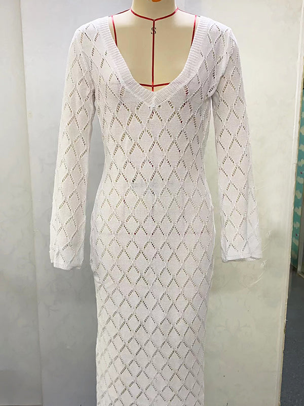 Momyknows White Knitting Backless Tie Back Deep V-neck Photoshoot Maternity Maxi Dress