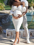 Momyknows White Off Shoulder Ruffle V-Neck Lantern Sleeve Bodycon Slim Formal Party Baby Shower Maternity Midi Dress
