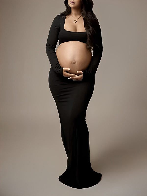 Momyknows Black Cut Out Mermaid Crop Long Sleeve Backless Bodycon Cocktail Club Party Photoshoot Maternity Maxi Dress