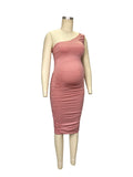 Momyknows Pink One Shoulder Ruffle Irregular Bodycon Cocktail Cute Baby Shower Maternity Midi Dress