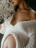 Momyknows White Linen Cotton V-Neck Lantern Sleeve Split Crop Photoshoot Gowns Maternity Maxi Dress