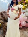 Momyknows Cascading Ruffle V-neck Mermaid Evening Gown Elegant Baby Shower Maternity Photoshoot Maxi Dress
