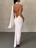 Momyknows Backless Ruched Side Draped Halter Neck Elegant Bodycon Photoshoot Gown Baby Shower Maternity Maxi Dress