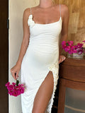 Momyknows White 3D Flowers Side Slit Ruched Spaghetti Strap U-neck Chic Bodycon Baby Shower Maternity Maxi Dress
