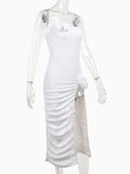 Momyknows White 3D Flowers Side Slit Ruched Spaghetti Strap U-neck Chic Bodycon Baby Shower Maternity Maxi Dress