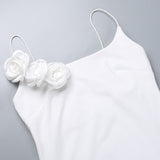 Momyknows White 3D Flowers Side Slit Ruched Spaghetti Strap U-neck Chic Bodycon Baby Shower Maternity Maxi Dress
