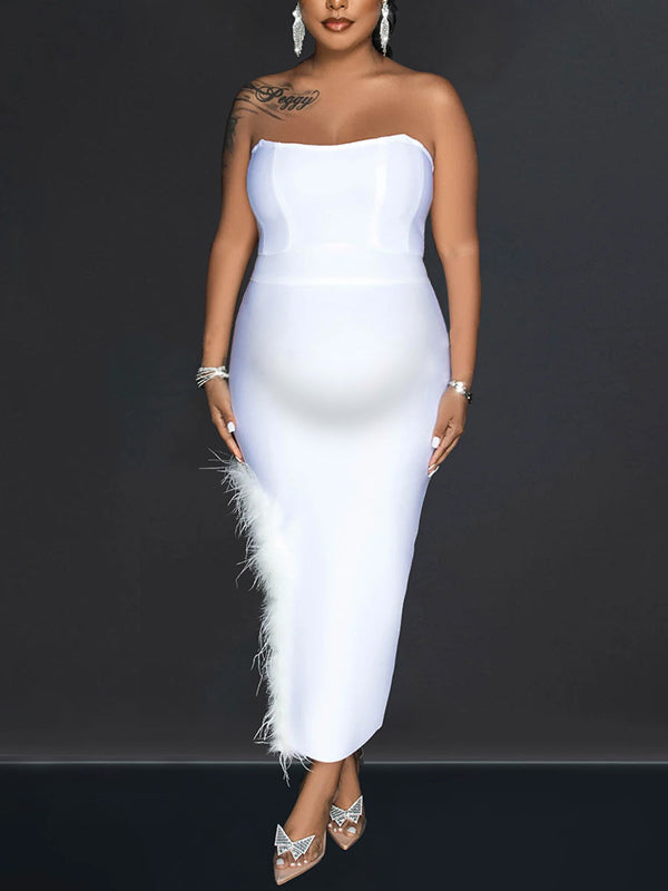 Momyknows Belly Friendly Bandeau Solid Color Feather Babyshower Maternity Maxi Dress