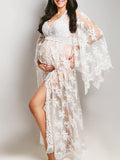 Momyknows White Lace Embroidery Ruched Side Slit Flare Sleeve Elegant Boho Photoshoot Maternity Maxi Dress