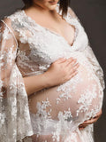 Momyknows White Lace Embroidery Ruched Side Slit Flare Sleeve Elegant Boho Photoshoot Maternity Maxi Dress