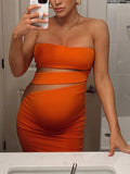 Momyknows Orange Bandeau Cut Out Sheer Fashion Bodycon Baby Shower Maternity Midi Dress