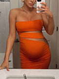 Momyknows Orange Bandeau Cut Out Sheer Fashion Bodycon Baby Shower Maternity Midi Dress