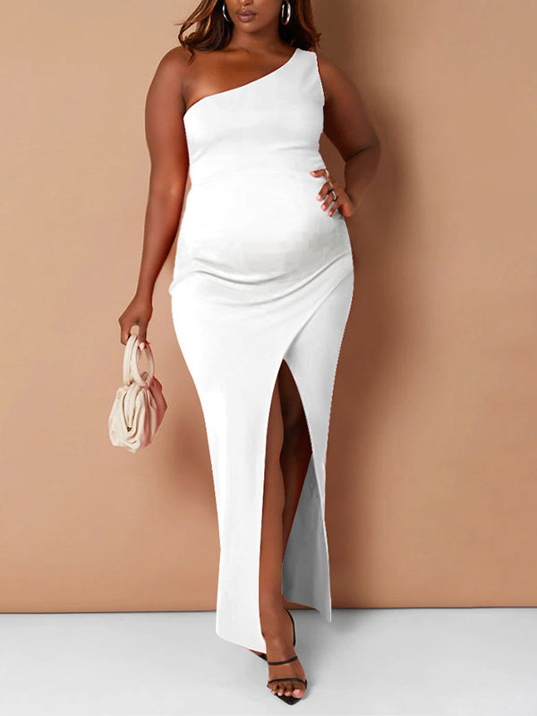 Momyknows One Shoulder Side Slit Bodycon Elegant Photoshoot Baby Shower Maternity Maxi Dress