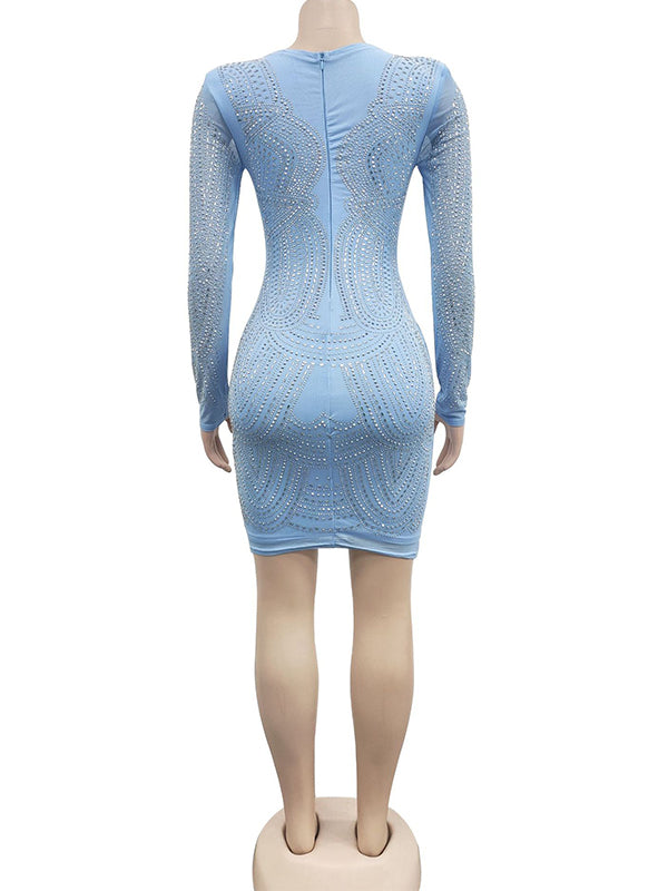 Momyknows Light Blue Rhinestone Diamond Mesh V-Neck Bodycon Elegant Evening Maternity Baby Shower Mini Dress