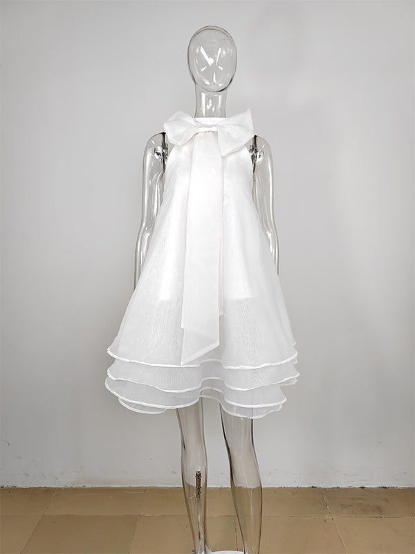Momyknows White Bow Ruffle Organza Grenadine Cake Halter Neck Elegant Baby Shower Maternity Mini Dress