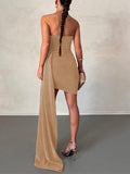 Momyknows Fishbone Ruched Ruffle Tube Elegant Bodycon Evening Gown Baby Shower Maternity Mini Dress