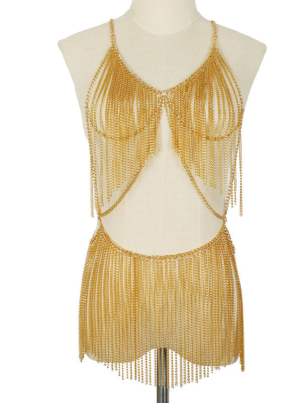 Momyknows Gold Chain Tassel Crop 2in1 Glitter Sparkly Bikini Cover