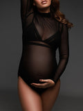 Momyknows Black Tulle Sheer High Neck Long Sleeve Bodycon Bodysuit Photoshoot Maternity Jumpsuit