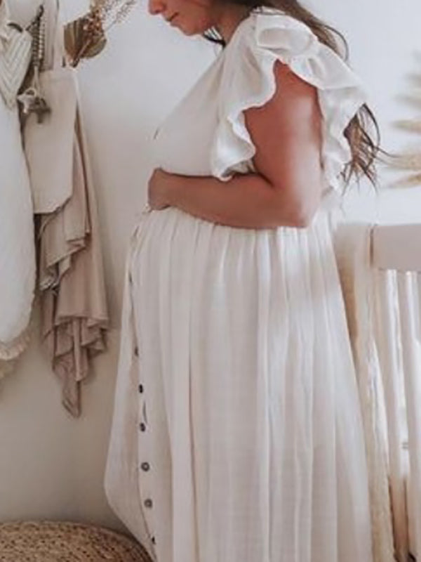 Momyknows White Ruffle Single Breasted Drawstring Tie Back Bohemain Baby Shower Photoshoot Maternity Maxi Dress
