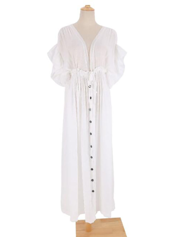 Momyknows White Ruffle Single Breasted Drawstring Tie Back Bohemain Baby Shower Photoshoot Maternity Maxi Dress