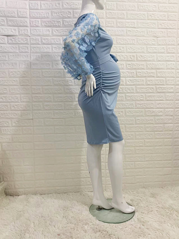 Momyknows Floral Mesh Ruched Belt Baby Shower Bodycon Gender Reveal Maternity Pencil Dress