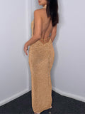 Momyknows Golden Bronzing Backless Chain Halter Neck Bump Style Party Guest Photoshoot Maternity Maxi Dress