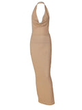 Momyknows Golden Bronzing Backless Chain Halter Neck Bump Style Party Guest Photoshoot Maternity Maxi Dress